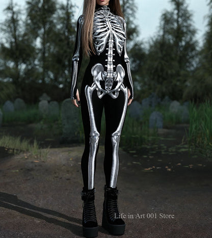 Women Grey Candy Skeleton Bodysuit Halloween Cosplay Costume Carnival Steampunk Artistic Sexy Slim Jumpsuit Performance Zentai