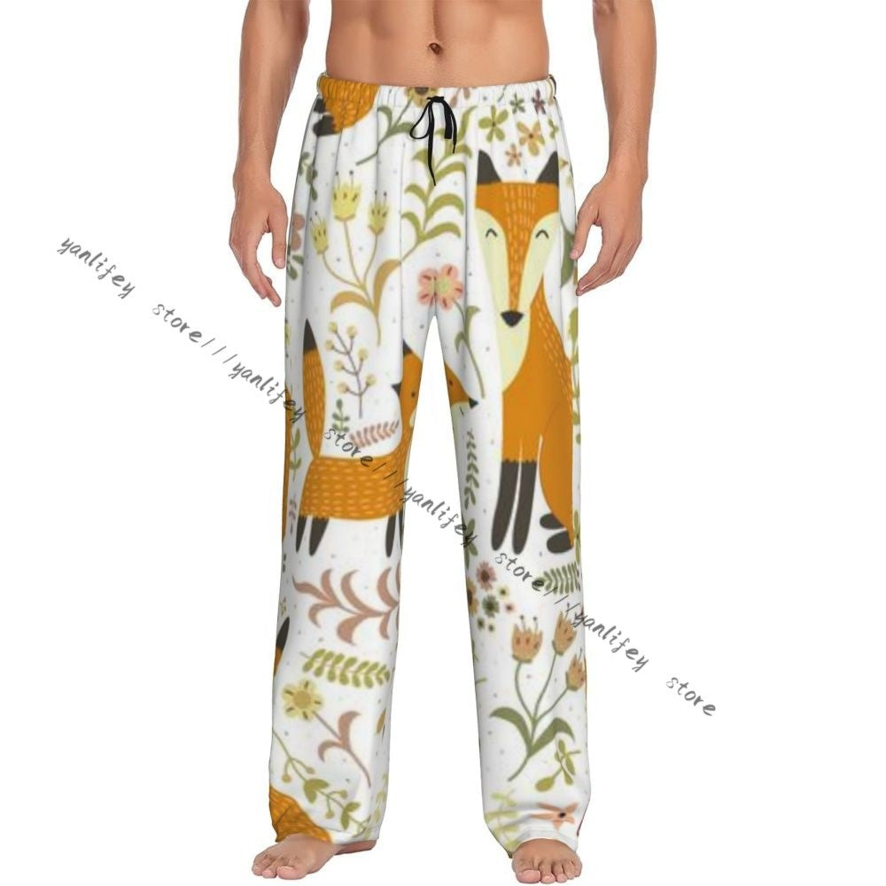Men's Sleepwear Loose Sleep Pants Pajamas Cute Foxes Forest Long Lounge Bottoms Casual Homewear