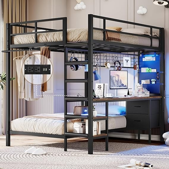 Full Size Over Twin Bunk Bed with Desk and Charging Station Metal Loft Bed with Led Lights & Storage Shelves
