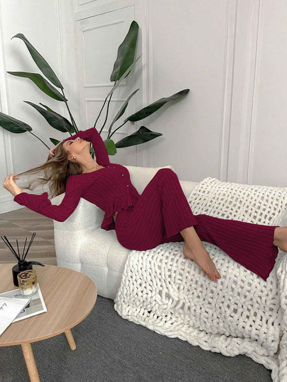 Home Wear Sexy V-neck Fashionable Length Pants Set Autumn Winter Comfortable Casual Slim Fit Women Two-piece Set pajama