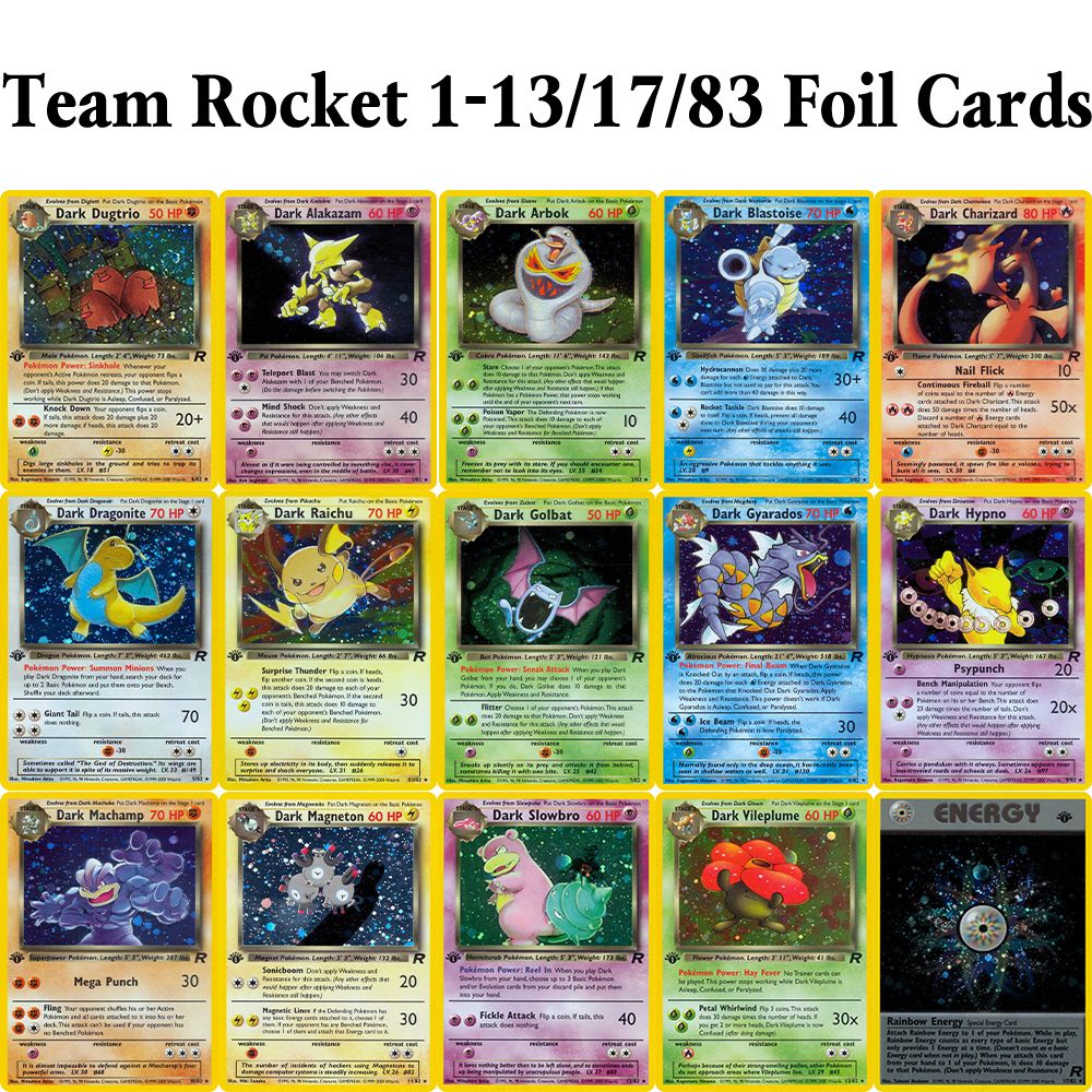 PKM Cartas de Jogo Proxy Foil Conjunto Completo Team Rocket (RO) Jungle (JU) Base Set (BS) Fossil (FO) TCG Colecionável Brinquedo e Presente Pokemon