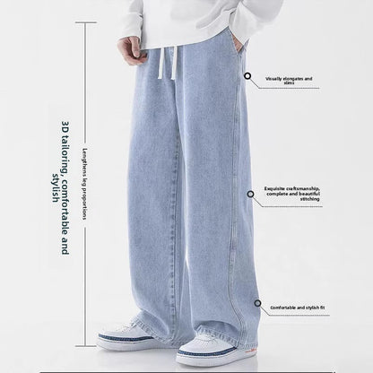 Casual Outdoor Men's Jeans Elastic Waist Loose Fit Long Pants Spring Autumn Workwear Comfortable Straight Leg Blue Denim