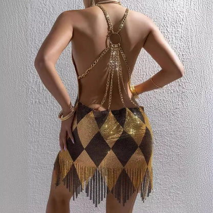 Sexy Metal Splice Backless Fashion Women's Dress Mini Skirt V-neck Sleeveless L22593 Cross-border Summer New Arrival