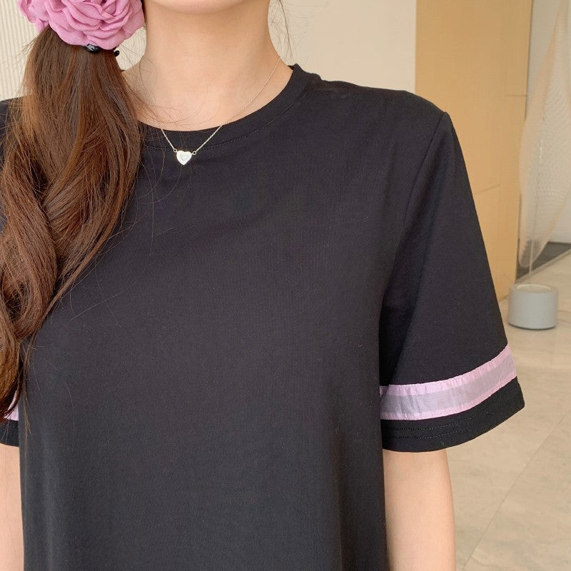 NYFS 2025 Summer Dress Loose plus Size Black Patchwork Pink Hem Long Dresses Robe Elbise Short Sleeve Korean Style Woman Dress