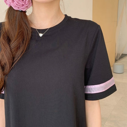 NYFS 2025 Summer Dress Loose plus Size Black Patchwork Pink Hem Long Dresses Robe Elbise Short Sleeve Korean Style Woman Dress