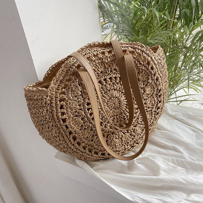Summer Round Straw Bags for Women Rattan Shoulder Bag Travel Handmade Woven Beach Handbags Female Large Capacity Totes Bag