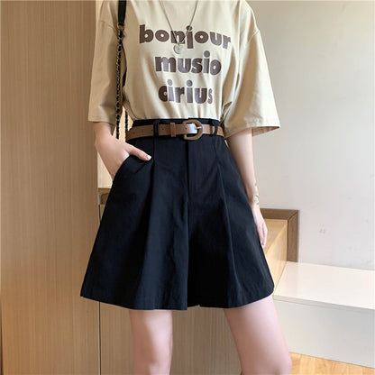 Workwear Shorts for Women High Waist Summer Wide-leg Shorts Belt Khaki Casual Cotton Korean Fashion Solid Pocket Womens Shorts