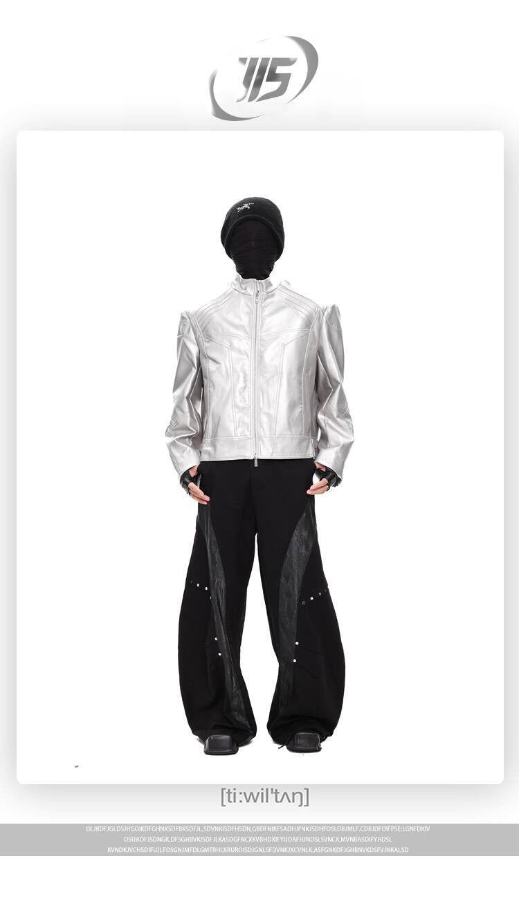 FEWQ Niche Design Men's PU Leather Coats Stand Collar Solid Color Zipper Metal Design Shoulder Pads Male Short Jacket 24K5931