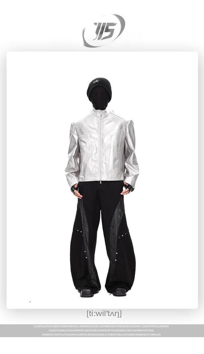 FEWQ Niche Design Men's PU Leather Coats Stand Collar Solid Color Zipper Metal Design Shoulder Pads Male Short Jacket 24K5931