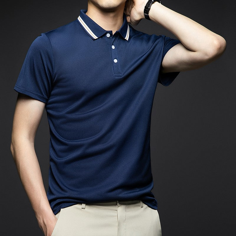 Men's Fashion Solid Short Sleeved Striped Lapel Polo Shirt Summer Breathable Comfortable Top