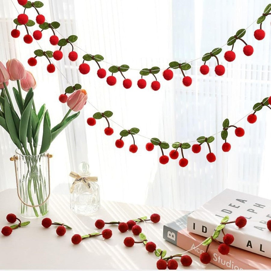 Cherry Garland Decoration Cherries Birthday Wedding Decoration Christmas Pompom Threading Banner Bedroom Wall Decoration Hanging