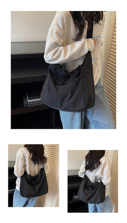 Lazy Style Nylon Crossbody Shoulder Bag Women Casual Large Capacity Bucket Tote Bag Lightweight Japan Style Simple Handbag