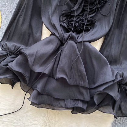 SINGREINY 3D Floral Beach Short Dress Female Long Sleeves Lace Up Ruffle Chiffon