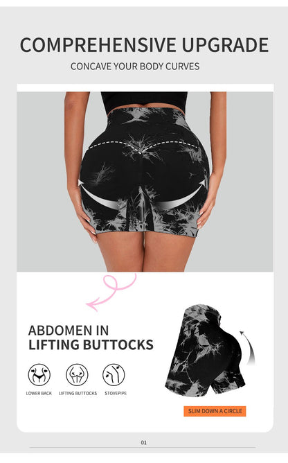 Seamless Tie Dye Sports Tight Three Piece Pants for External Wear Sexy Yoga Fitness Shorts for Women, High Waist Hip Lifting and