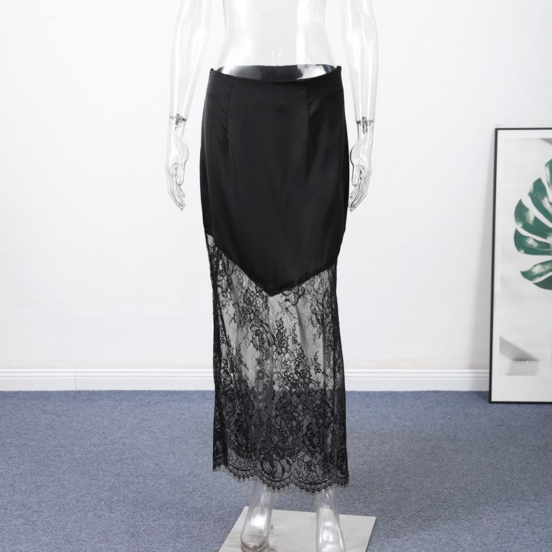 Satin Skirts Women Loose High Waist Patchwork Lace See Through Skirt Female 2025 Chic Solid Sexy Elegant Streetwears