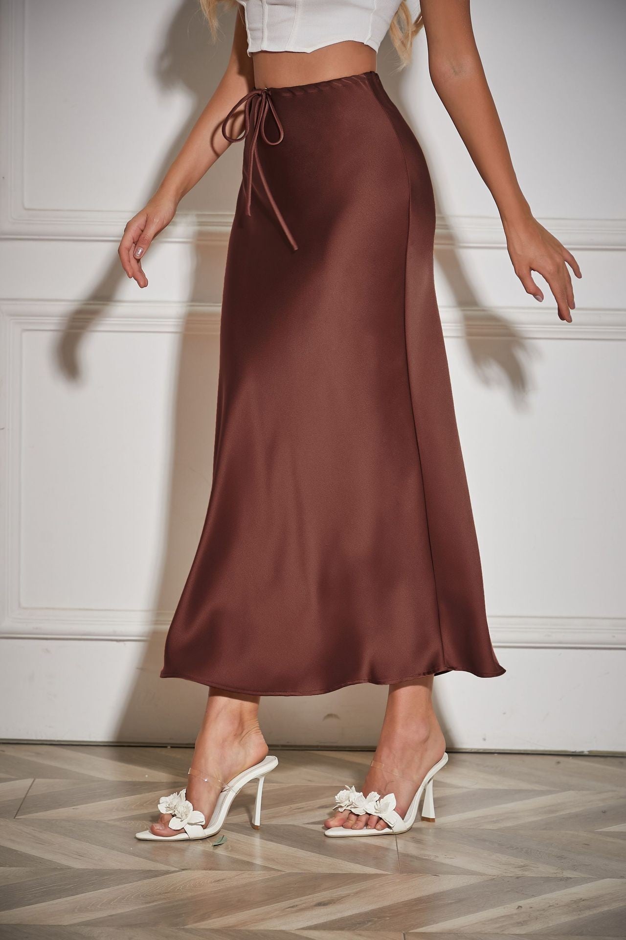 New In 2025 Spring Summer Solid Color Satin Long Skirt For Women High Waist Lace