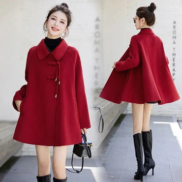 High Quality Woolen Coat Women 2025 Autumn Winter New Cloak Long Wool Jacket Chinese Retro Buckle Ladies Overwear Korean Outcoat