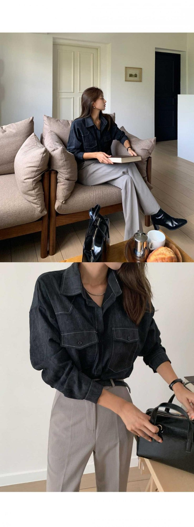Loose Long Sleeve Casual Denim Shirt Korean Style Loose Fit Shoulder Casual Shirt Pure Color Shirt City Style Commute Shirt