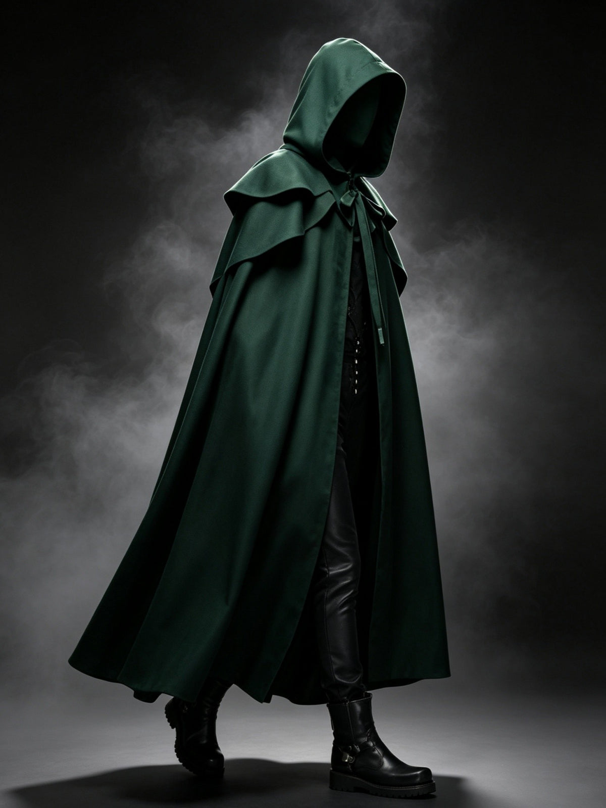 Medieval Vintage Hooded Long Cos Cloak, Dark Green Double Lapel Tie Cape, Unisex Ranger Hunter Wizard Role Play Costume, Retro Gothic Cosplay Coat for Halloween Stage Performance