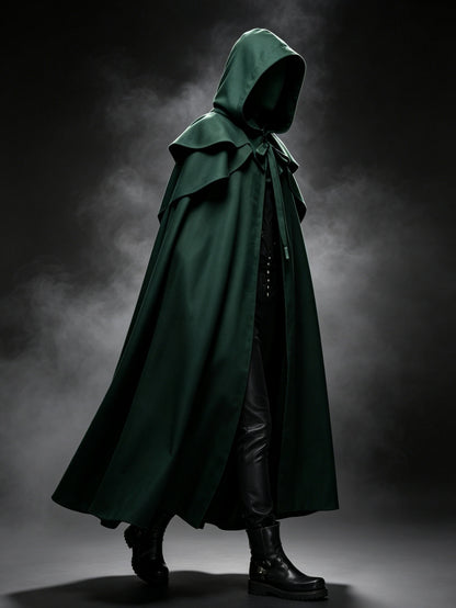Medieval Vintage Hooded Long Cos Cloak, Dark Green Double Lapel Tie Cape, Unisex Ranger Hunter Wizard Role Play Costume, Retro Gothic Cosplay Coat for Halloween Stage Performance