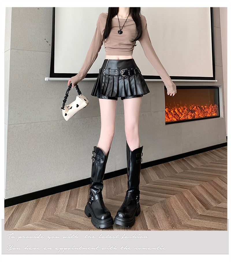 Women's Black Gothic A-line Pleated Leather Skirt Y2k Mini Shorts Skirts Harajuku Korean Emo Skirt 2000s Vintage Clothes Summer