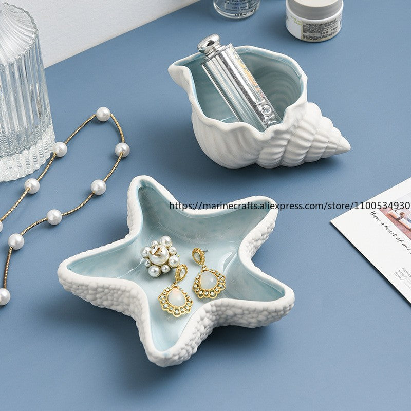 Mediterranean Ceramic Shell Ornaments Living Room Decorations Ocean Jewelry Box Multi-Functional Storage Accessories