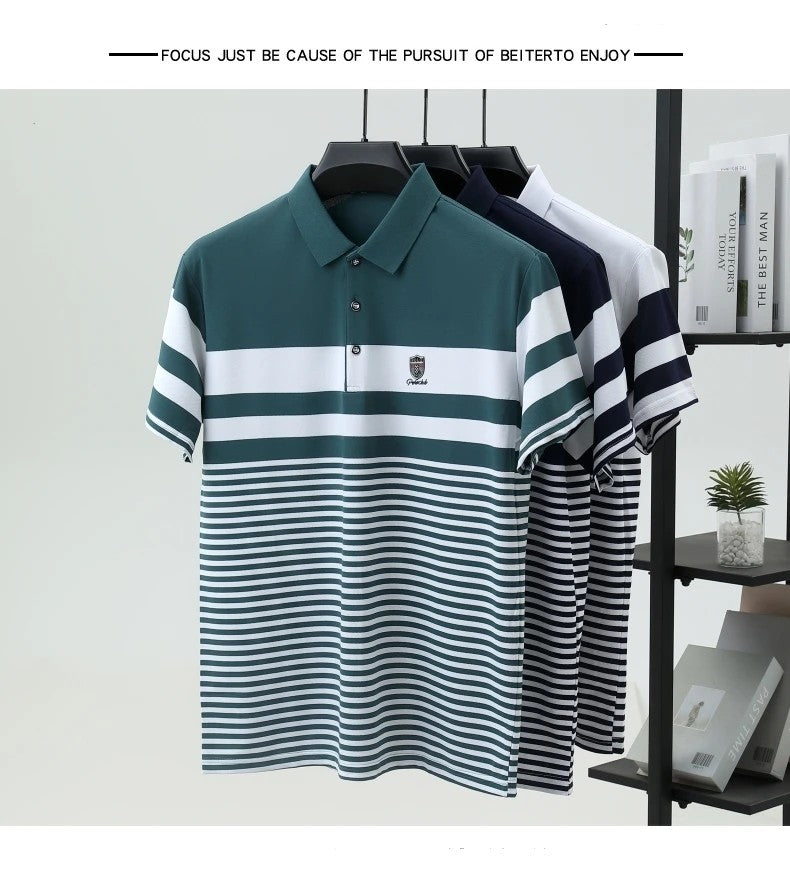 High end brand embossed men short sleeve polo shirt fashion stripe color blocked summer ice silk breathable luxury Paul T-shirt