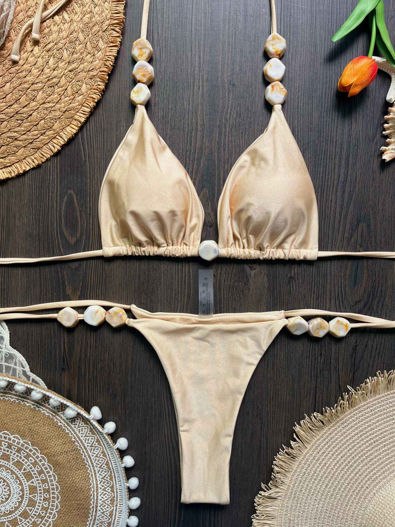 2025 Sexy Bead Bikini Swimwear Women Halter Bikini Swimsuit Beach Halter V Neck Bikini Set Beachwear Summer Bathing Suit