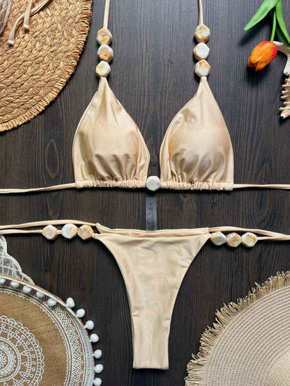 2025 Sexy Bead Bikini Swimwear Women Halter Bikini Swimsuit Beach Halter V Neck Bikini Set Beachwear Summer Bathing Suit