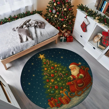 Round Christmas Carpet Festive Area Rug Non-Slip Wear-resistant Circle Carpet for Living Room Bedroom Soft Floor Mat Home Decor