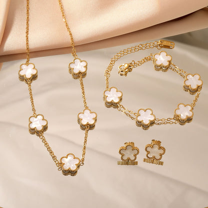 LUXUKISSKIDS Conjunto de Colar e Brincos de Flor Fashion Joias Femininas Aço Inoxidável Concha Branca Trevo Pulseira Acessórios de Joias