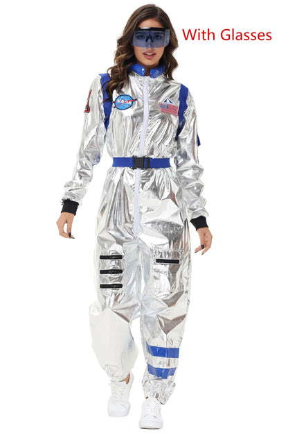 Adult Silver Astronaut Costume Men Women Spaceman Suit Space Jumpsuit Halloween Cosplay Party Dress Up