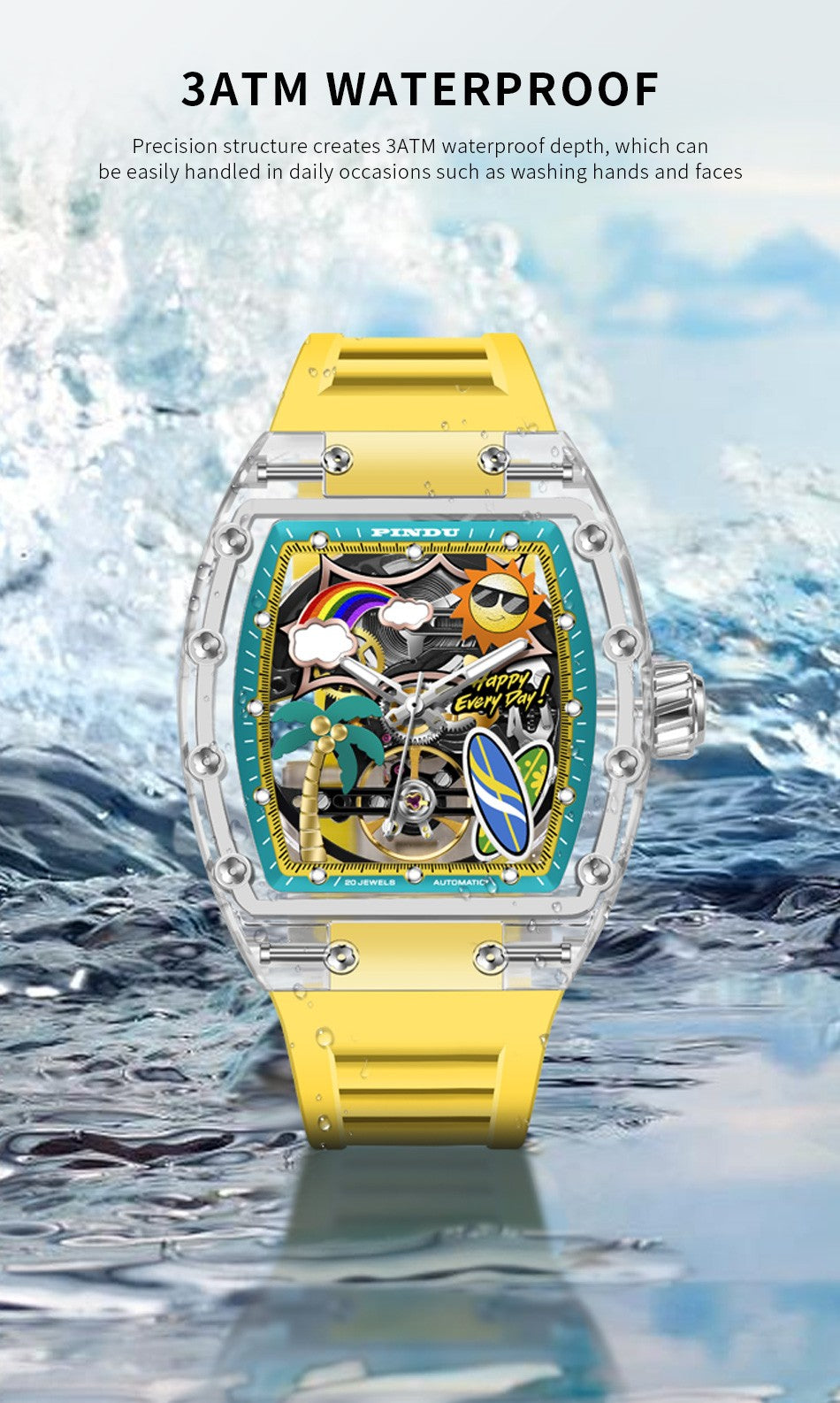 New PINDU Watch Unique Dial Design Style Men Mechanical Watch Summer Beach Fashion Watch Glowing Waterproof Resin silicone strap