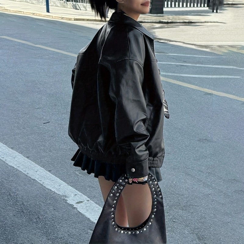 Autumn Women's Faux Leather Jackets 2025 Fall Long Sleeve Bomber Jacket Lapel Zip Up Motorcycle Coats Winter Clothing