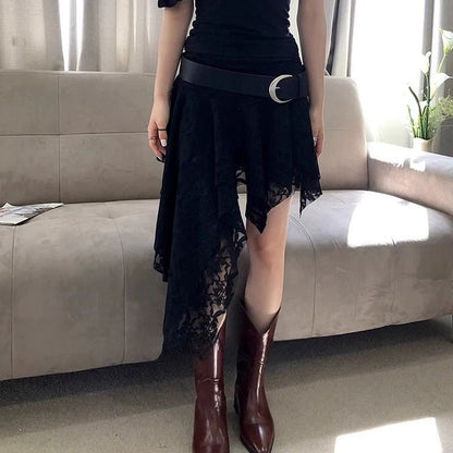 French Style Layered Lace Midi Skirt with Asymmetric Hem White Elegant Semi Formal Women Skirt Unique Design