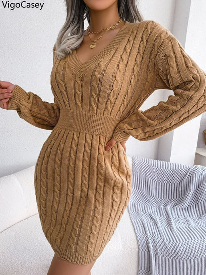 VigoCasey 2025 V Neck Casual Short Knit Dress Autumn Winter Women Solid Long Sleeve Dress Lady Khaki Bodycon Knitted Dresses