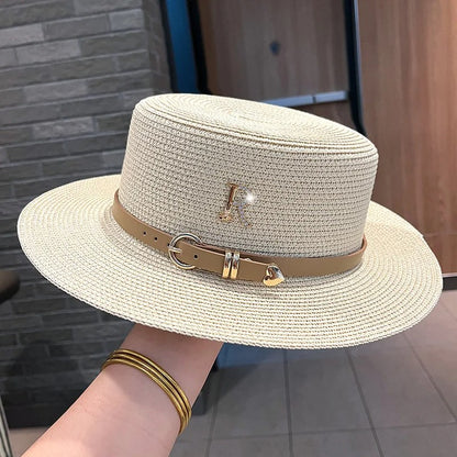 Rhinestone Straw Hat Women's Summer Beach Sunshade Hat Braided Straw Sunblock Hat French Belt Vintage Top Hat Sun Hats For Women