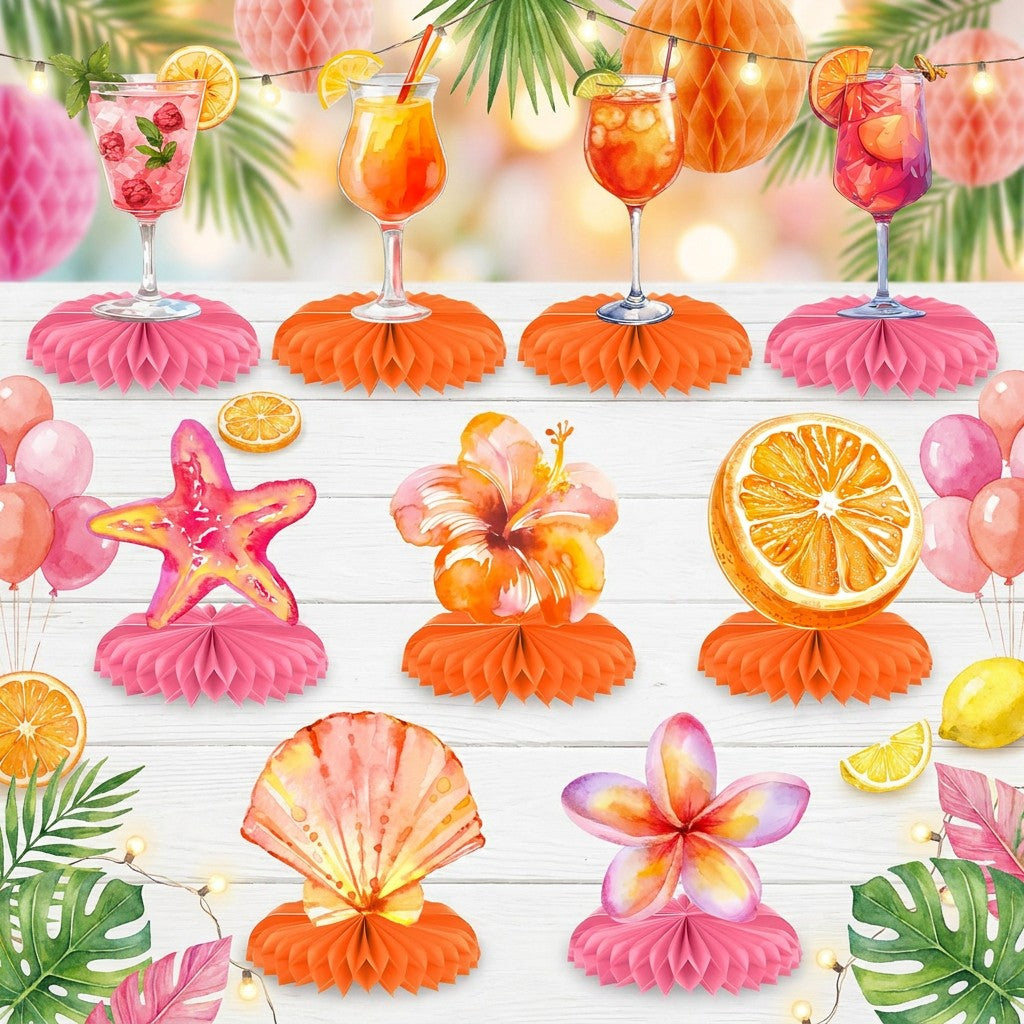 Orange Hawaiian Luau Flowers Lemon Citrus Garland Banner Tropical Aperol Spritz Cocktail Beach Bar Honeycomb ornament Decor