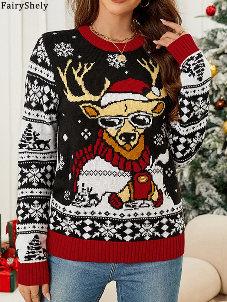 Fairyshely 2026 Winter Casual Print Knitted Sweater Women O Neck Christmas Knit Pullover Top Ladies Long Sleeve Loose Jumper