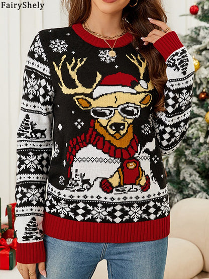 Fairyshely 2026 Winter Casual Print Knitted Sweater Women O Neck Christmas Knit Pullover Top Ladies Long Sleeve Loose Jumper