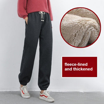 ??Women's Fleece Lined Joggers Winter Plush Pants High Waist Adjustable Drawstring Lounge Street Comfortable Casual Trousers??