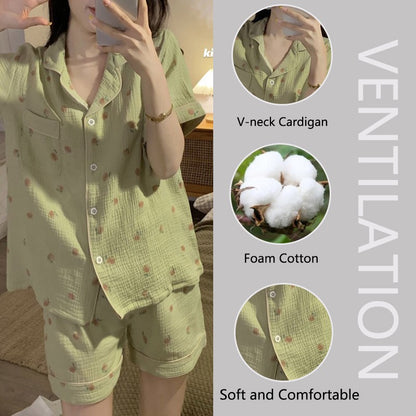 Women's Pajamas Set Foam Cotton Sleepwear Button down Tops and Shorts Pajama 2 Piece Suit Femme Nightwear Loungewear for Summer