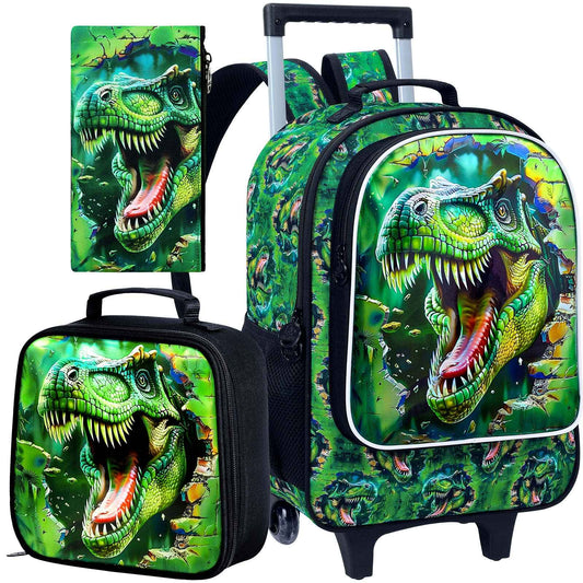 3Pcs Dinosaur Rolling Backpack for Boys, Kids School Backpacks with Wheels, Roller Bookbag for Elementary Preschool(Green)