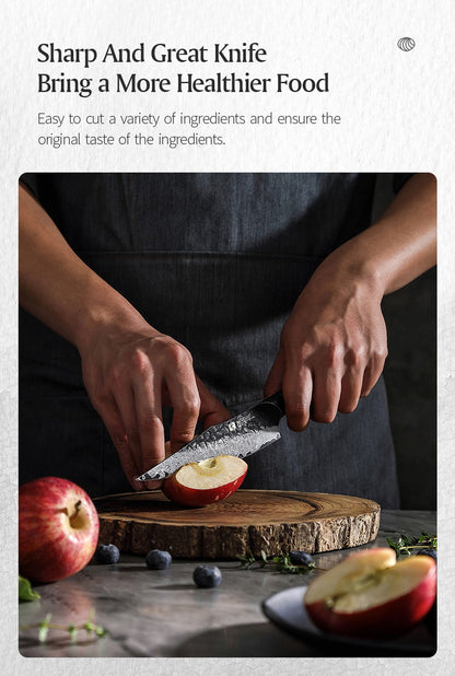 XINZUO 5.5" utility knife, 67 - Layer Damascus Masterpiece, forged with super steel, offers unrivaled sharpness and durability.