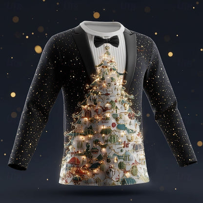 2025 Christmas Men's Christmas Costume Tuxedo T Shirt Long Sleeve T shirts 3D Print Crew Neck Shirt Daily Vacation Party Wear