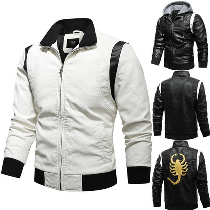 Men Winter Driving Leather Jacket Men Scorpion Embroidered Hooded Jacket PU Leather Motorcycle Jacket