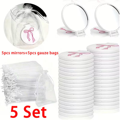 5 Set Pink Bow Mini Pocket Mirror - Vanity Accessories for Women, Birthday Party Favors, Wedding Anniversary Bridal Shower Gifts