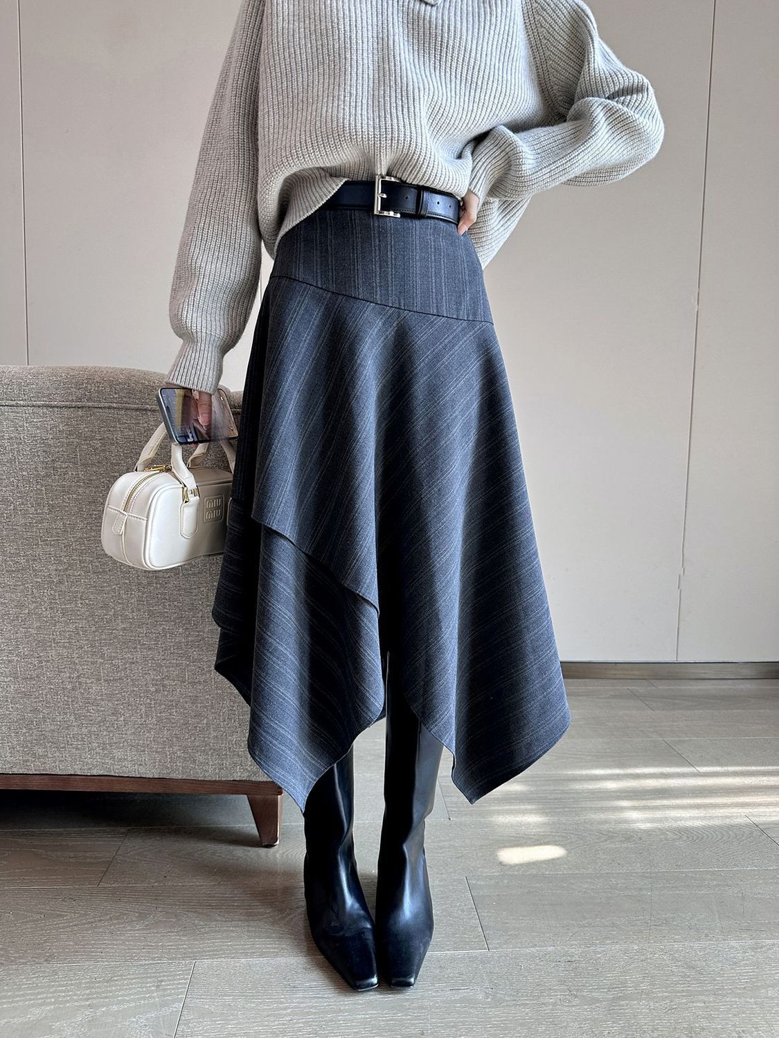 Women Clothing Autumn Winter Fashion Korean Striped A-line Skirt High Waist Female Versatile Appear Thin Irregular Soft Skirt