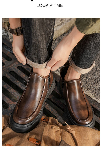 2025 Autumn New Leather Short Boots, Mid-calf Zipper Casual Outdoor Shoes, Anti-slip and Wear-resistant Men's Work Boots