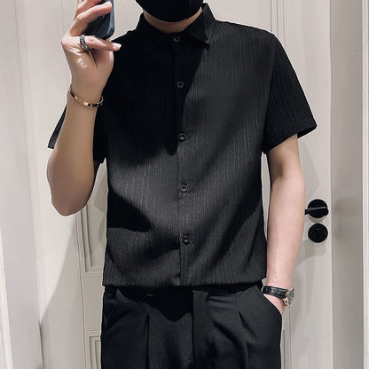 Streetwear Fashion Korean Clothing Solid Shirts Spring Autumn Men Long Sleeve Striped Lapel Single Sockets Business Casual Tops